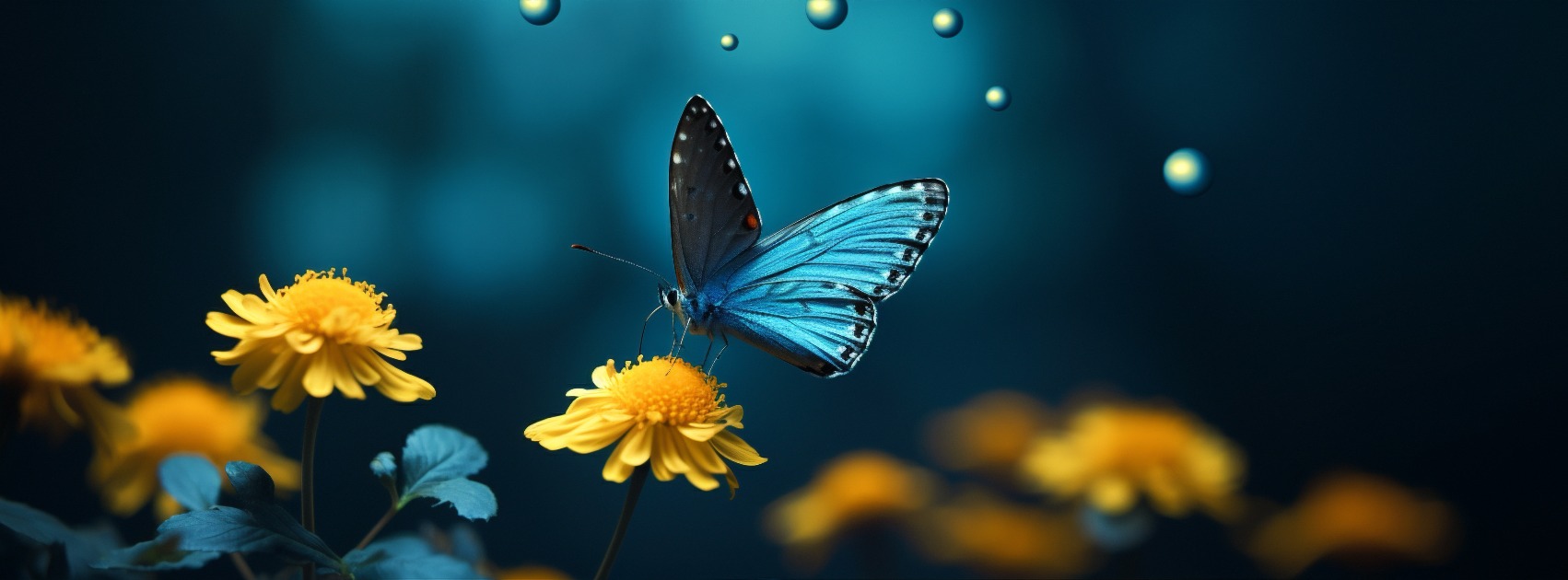Butterflies with yellow flowers and blue background