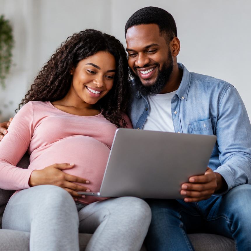 pregnant couple watching a video on laptop