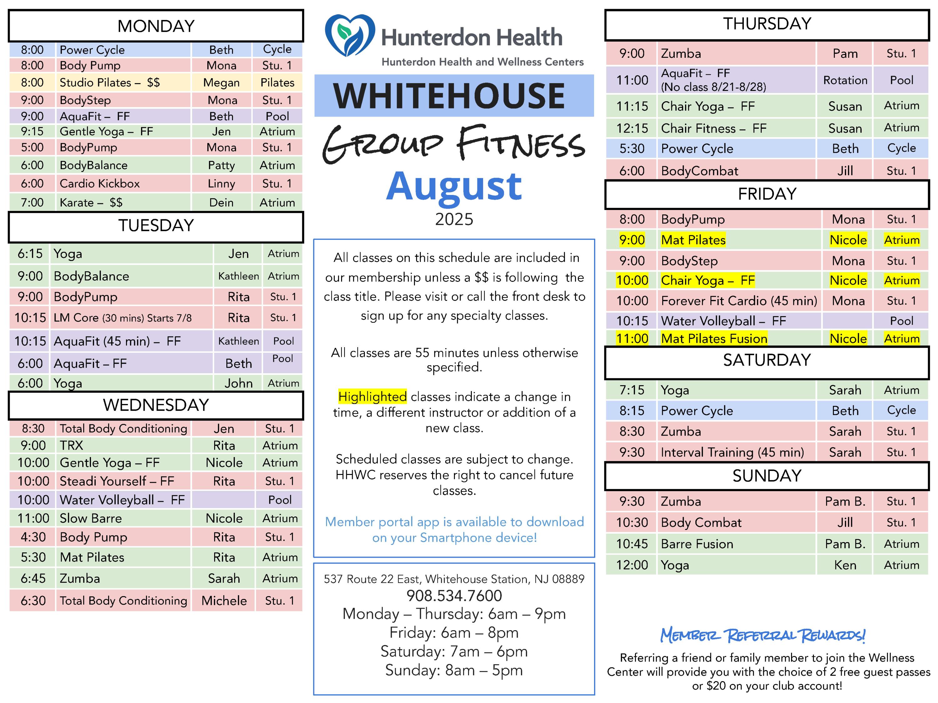 August Class Schedule 2025
