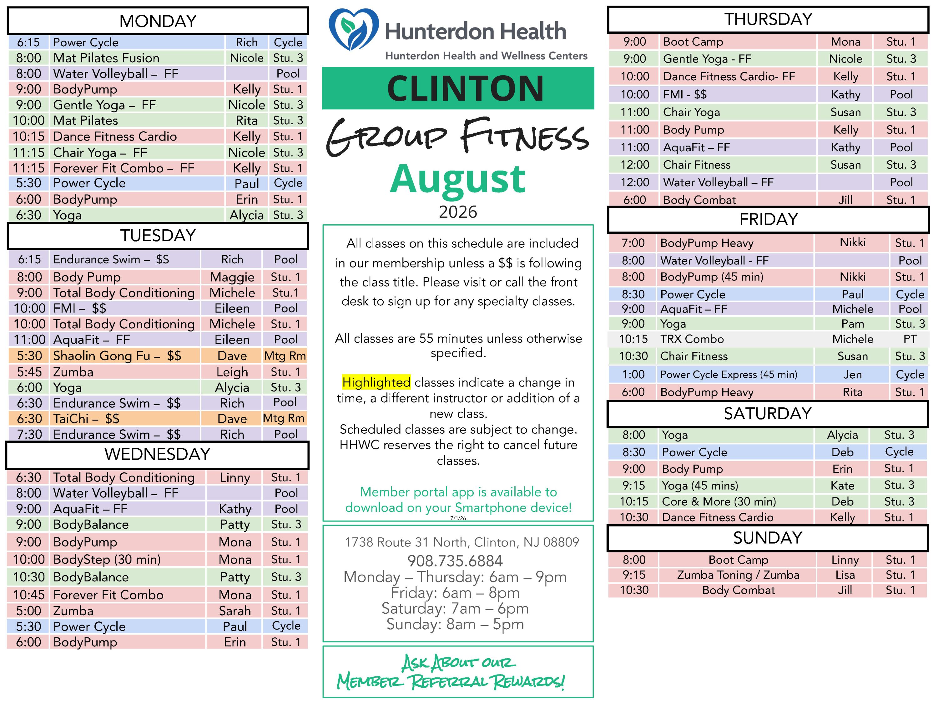 Group Fitness Schedule August 2026 - Clinton
