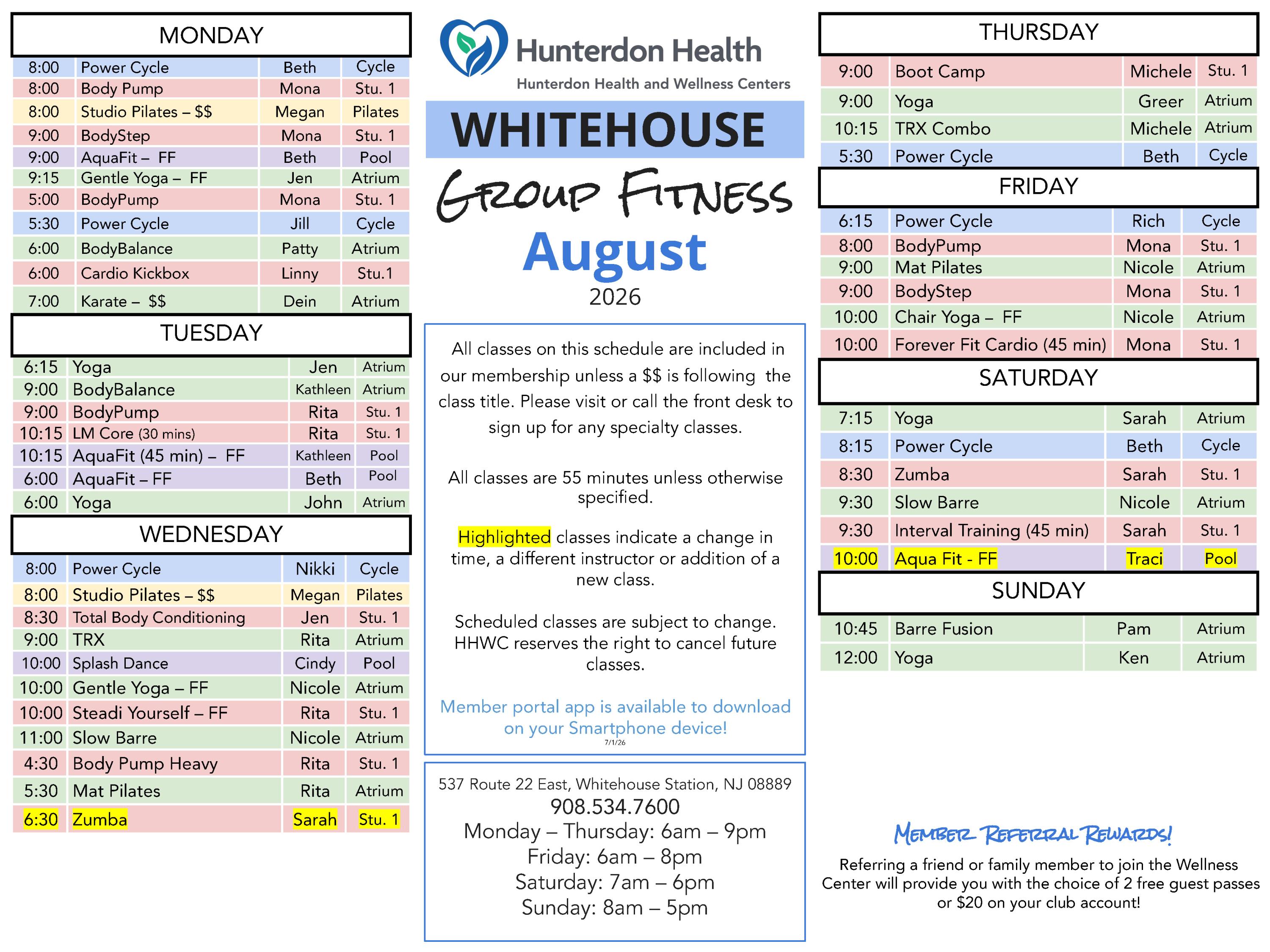 Group Fitness Schedule August 2026 - Whitehouse