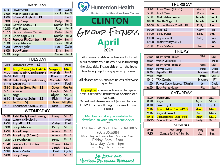 Clinton April Class Schedule