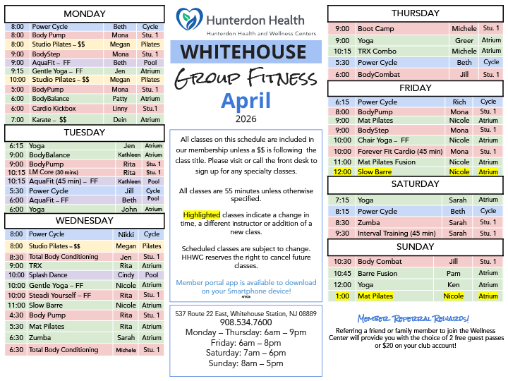 Whitehouse April  Class Schedule