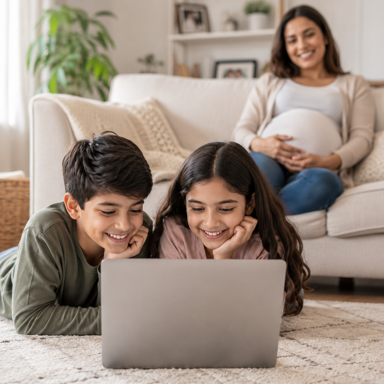 pregnant mom watching two kids look a laptop