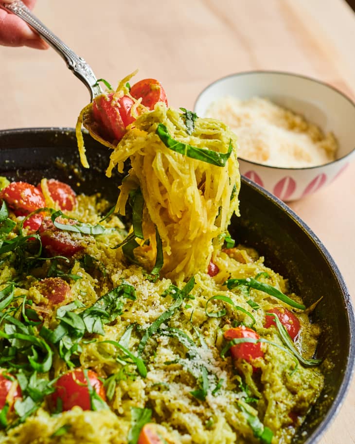 Spaghetti Squash with pesto and tomatoes