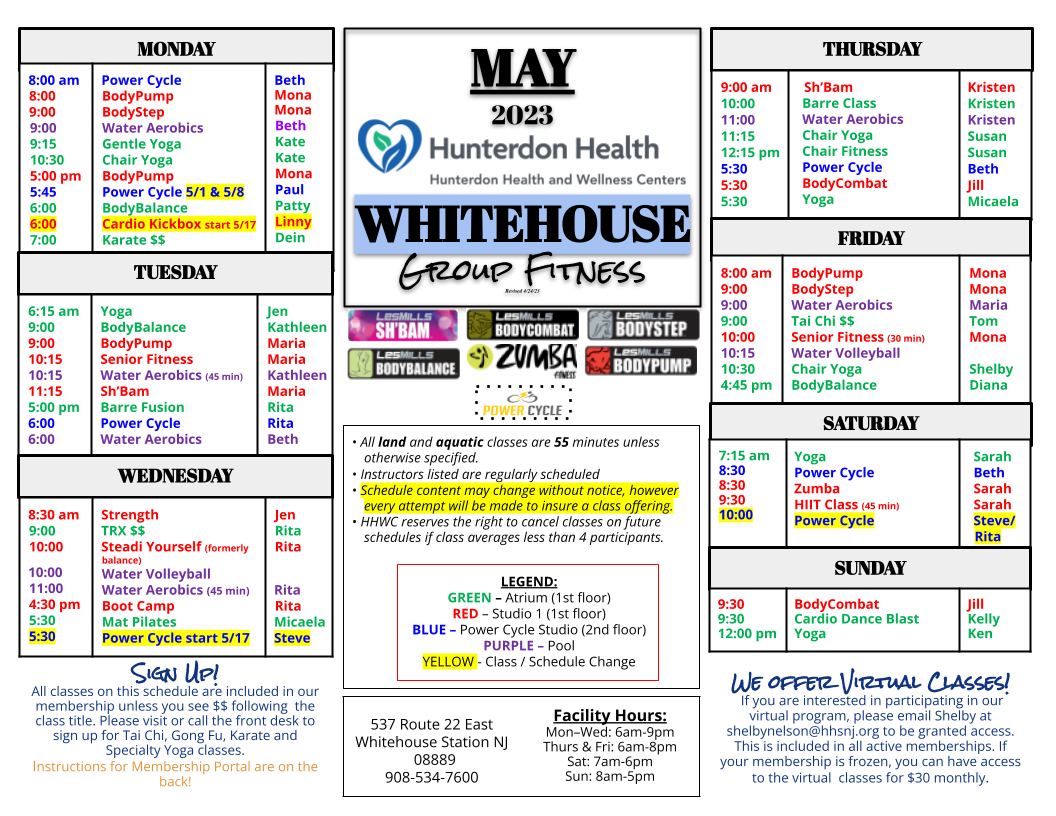 Group Fitness Schedule at Whitehouse Health & Wellness Center for May 2023