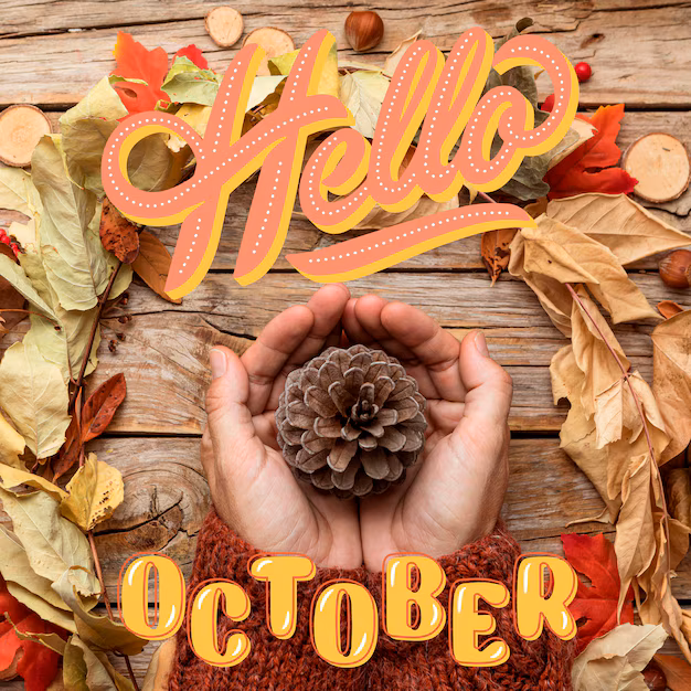 Fall leaves with hands holding pine cone