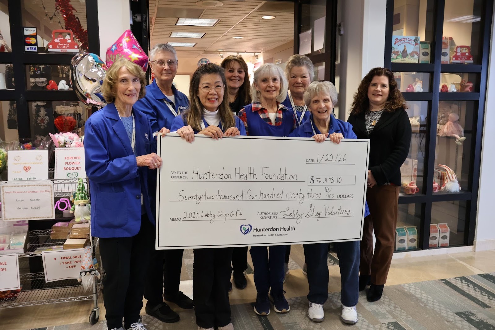 Lobby gift shop volunteers present $72,493.10 check to Hunterdon Health Foundation