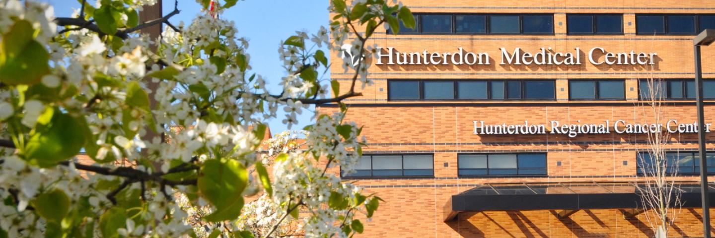 Photo of the Hunterdon Medical Center Building with Medical Center Sign and Cancer Center Sign