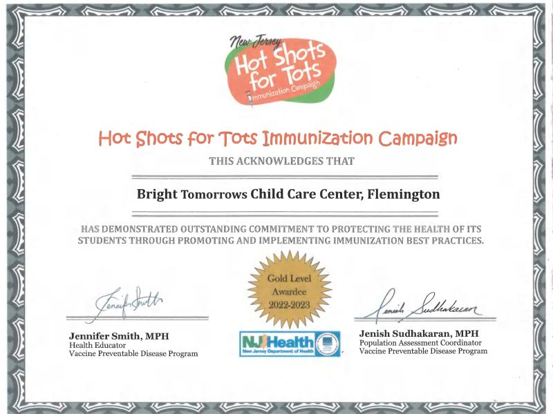 Hot Shots for Tots Gold Certificate