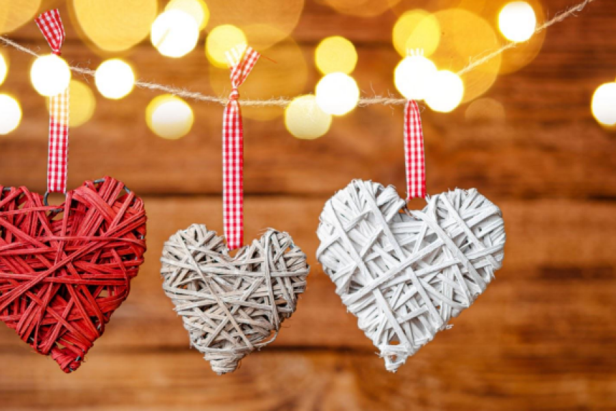 Decorative hearts hanging from ceiling