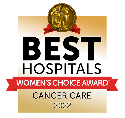2022 Women's Choice Award logo for Best Hospital for Cancer Center Care