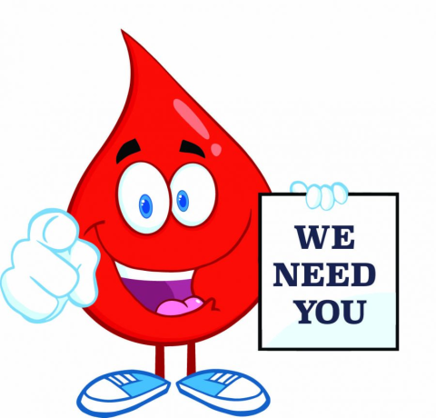 Cartoon blood droplet holding sign We Need You