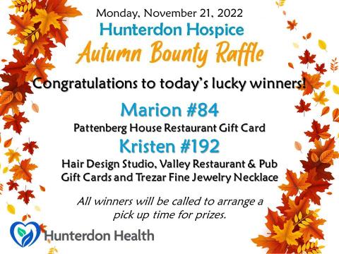 Hunterdon Hospice Raffle Winners for November 21st