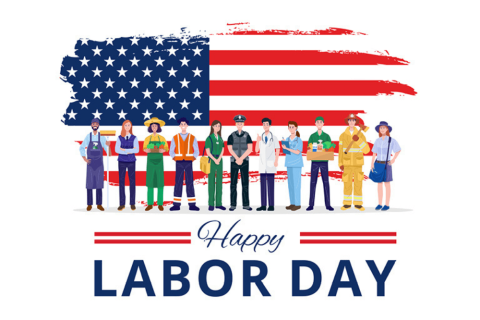 Labor Day with flag and workers